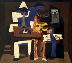 Pablo Picasso, Three Musicians (1921), Museum of Modern Art. Three Musicians is a classic example of Synthetic cubism